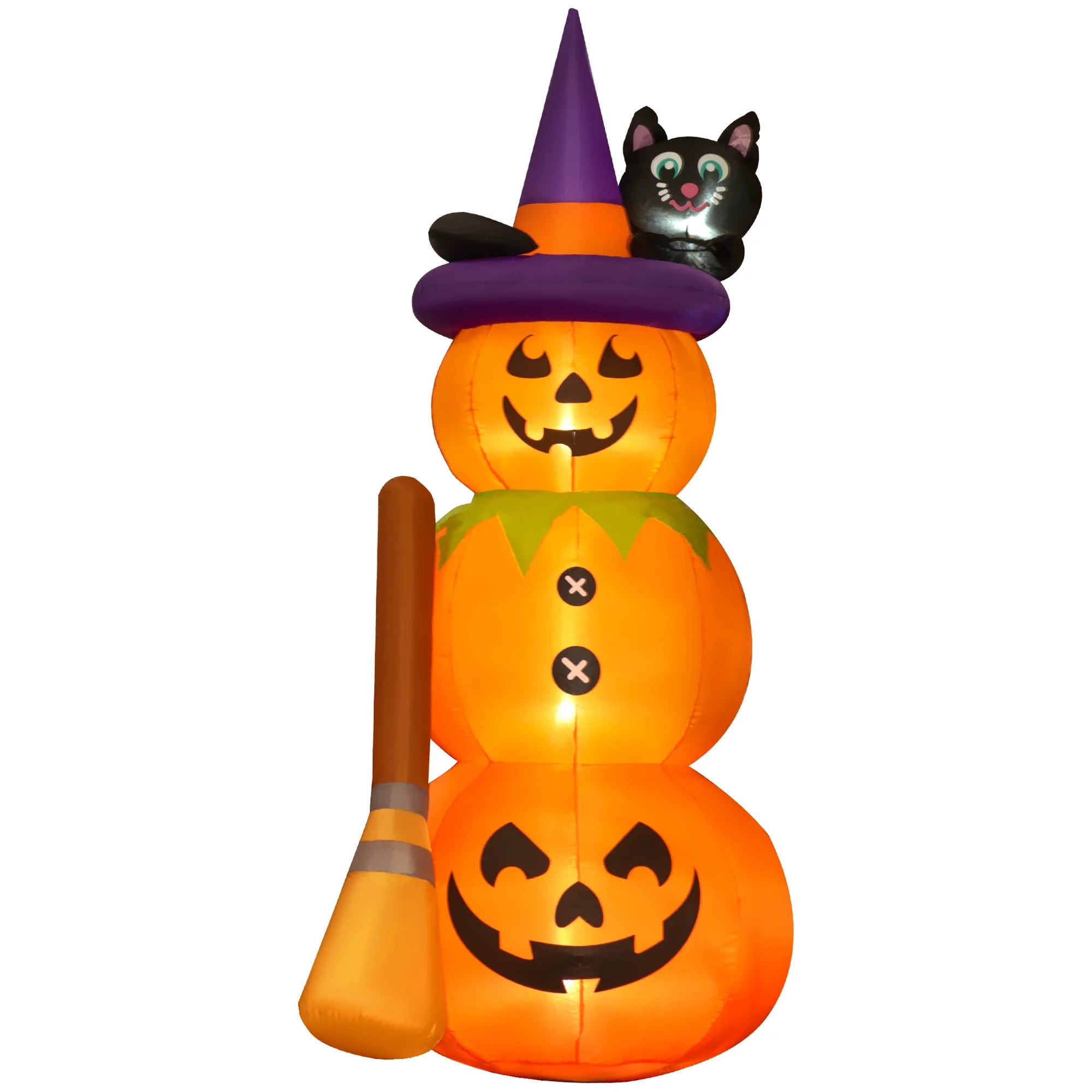 Pumpkin Man with Cat and Broom Inflatable Outdoor Halloween Blow Up Yard Decoration w/ LED Lights