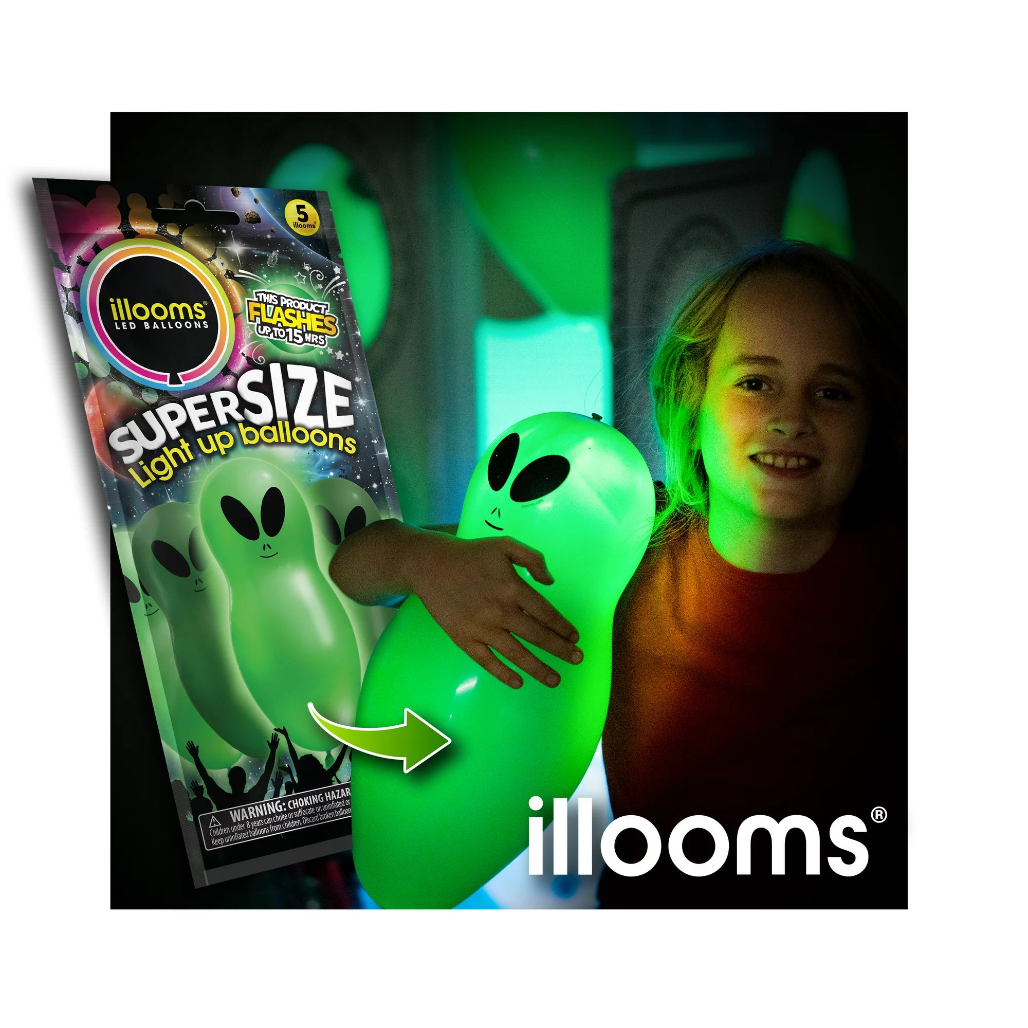 5 Pack Halloween Large Green Alien Light up Balloons