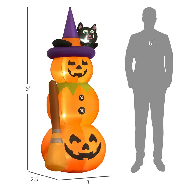 Pumpkin Man with Cat and Broom Inflatable Outdoor Halloween Blow Up Yard Decoration w/ LED Lights